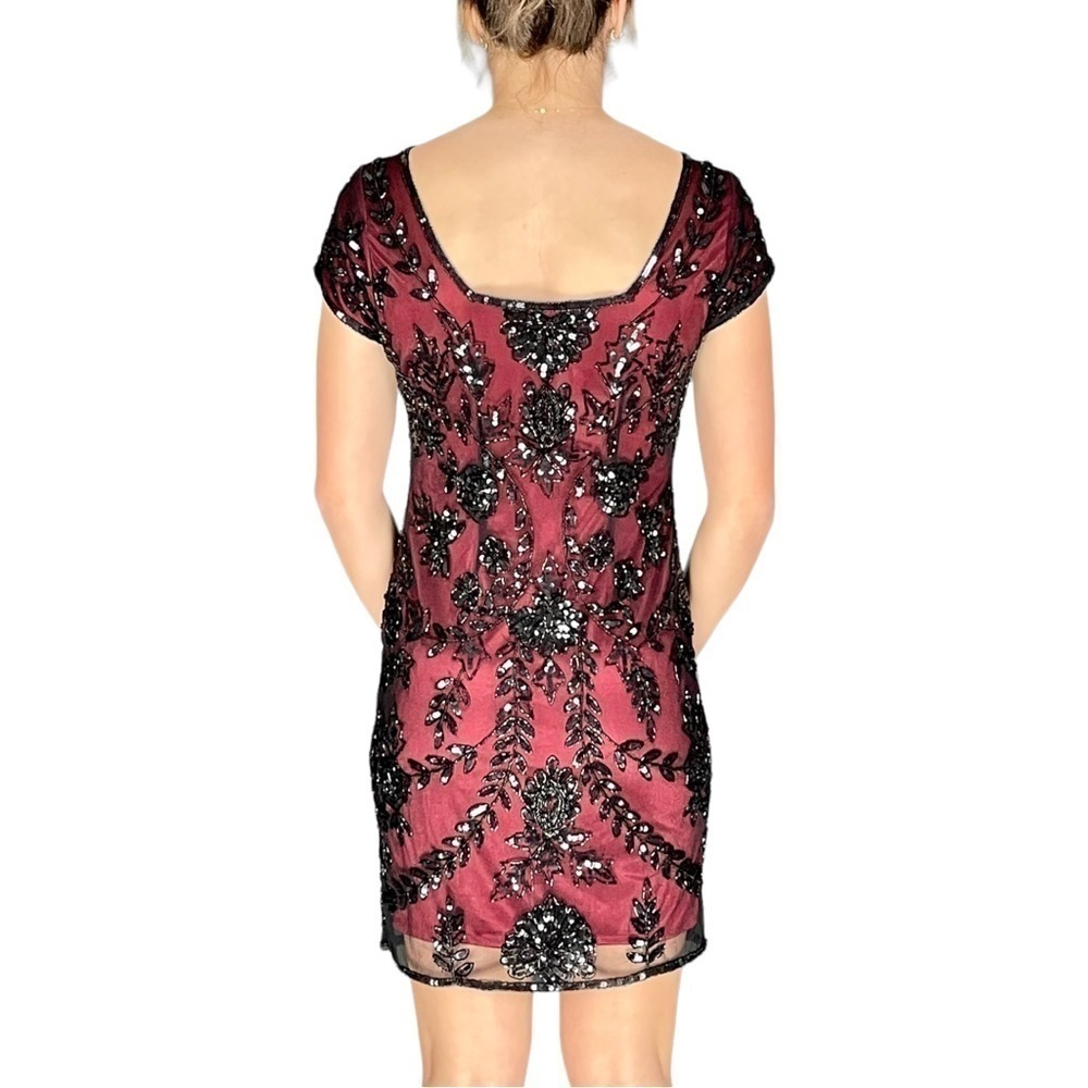Pisarro Nights Burgundy Mini Dress with Black Sequin Appliqué - Picture 2 of 15